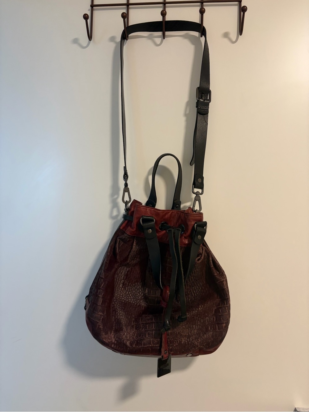 Rudsak Women's Drawstring Bucket Bag in Dark Burgundy boho gypsi euro summer